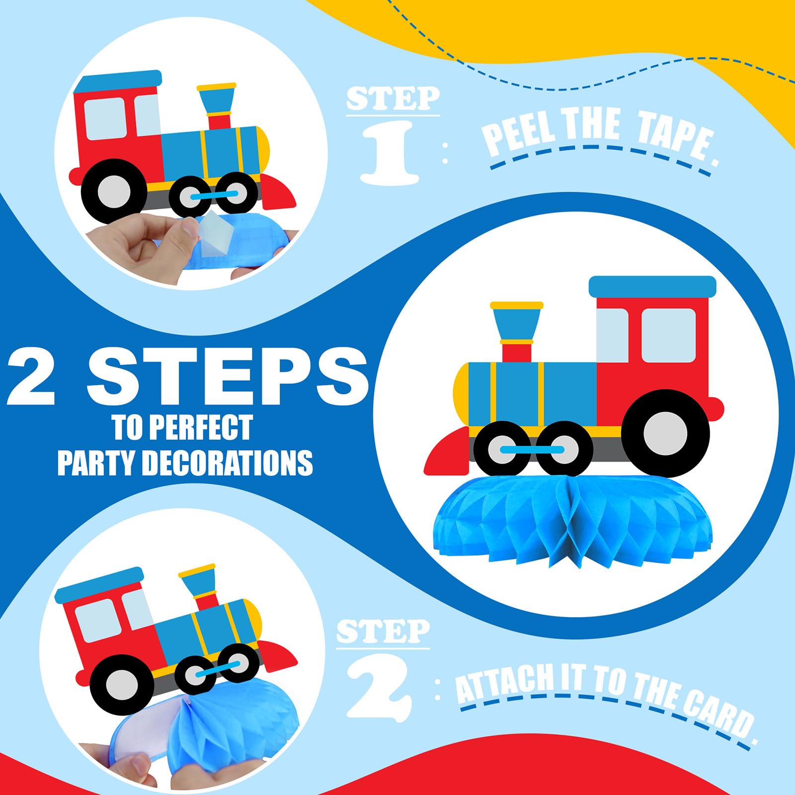 BonBeeDesign 9-Pack Train Table Decorations - Colorful Train Party Table Toppers for Kids Birthday and Baby Shower