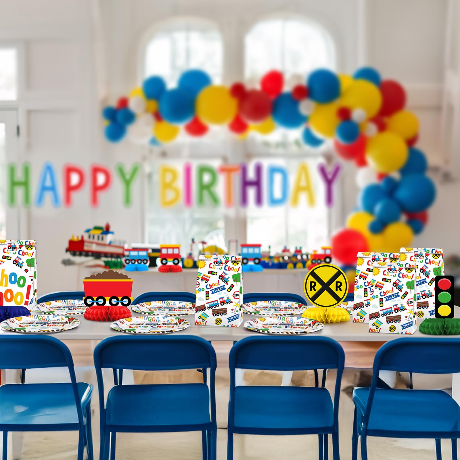 BonBeeDesign 9-Pack Train Table Decorations - Colorful Train Party Table Toppers for Kids Birthday and Baby Shower