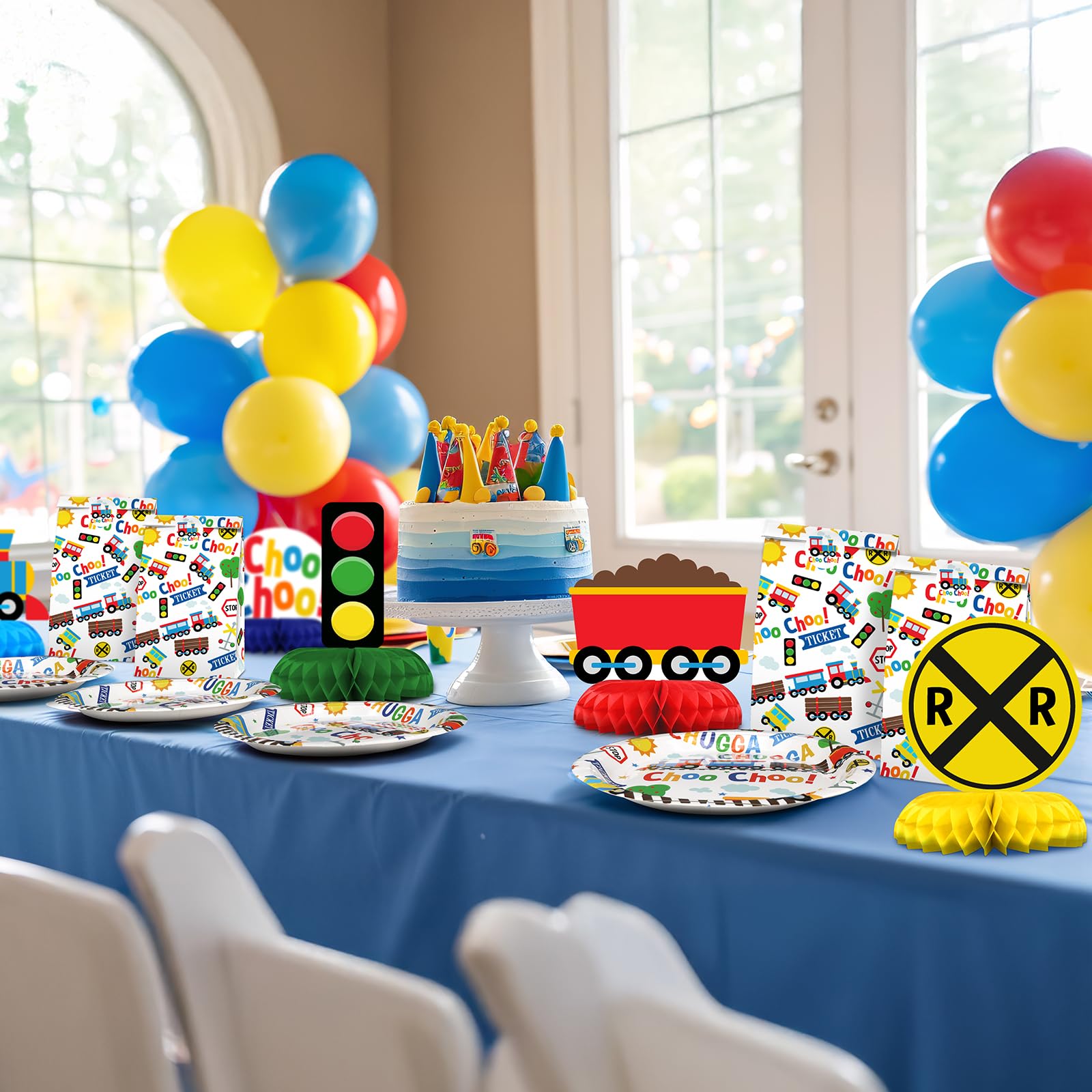 BonBeeDesign 9-Pack Train Table Decorations - Colorful Train Party Table Toppers for Kids Birthday and Baby Shower
