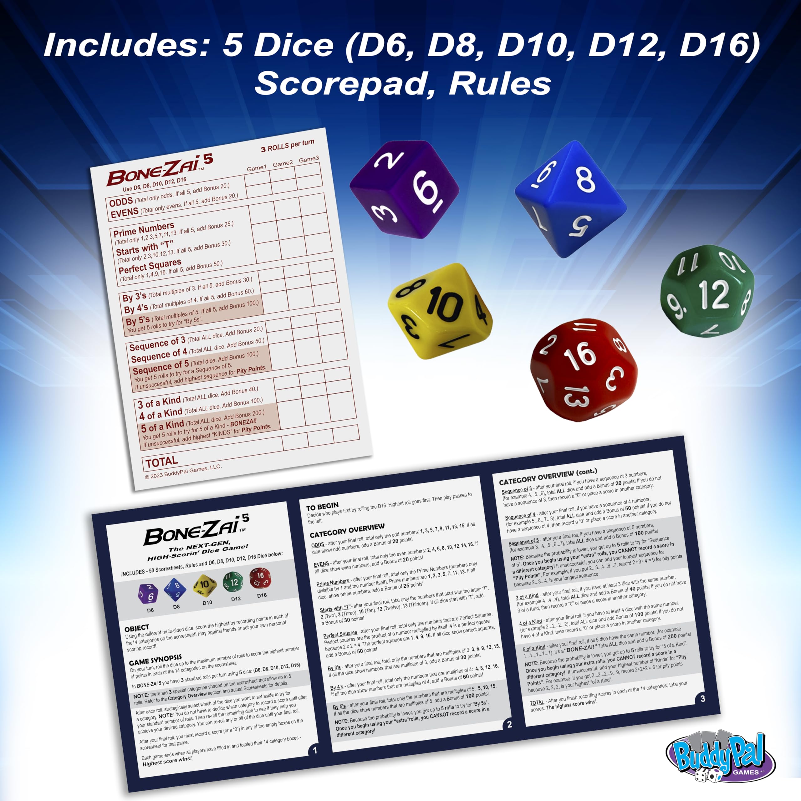 Bone-Zai5 High-Scoring Family Dice Game - 5 RPG Dice, Ages 8+, 1+ Players