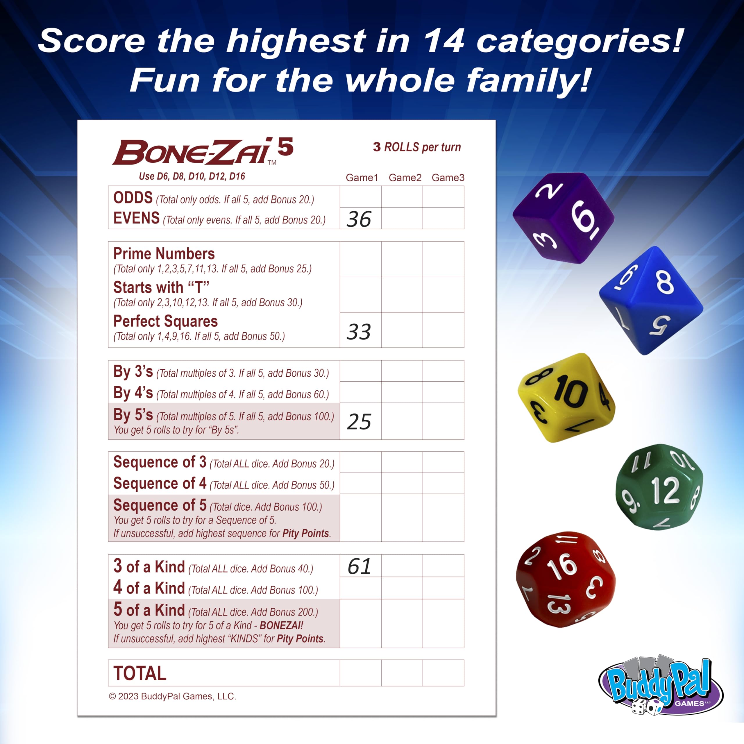 Bone-Zai5 High-Scoring Family Dice Game - 5 RPG Dice, Ages 8+, 1+ Players
