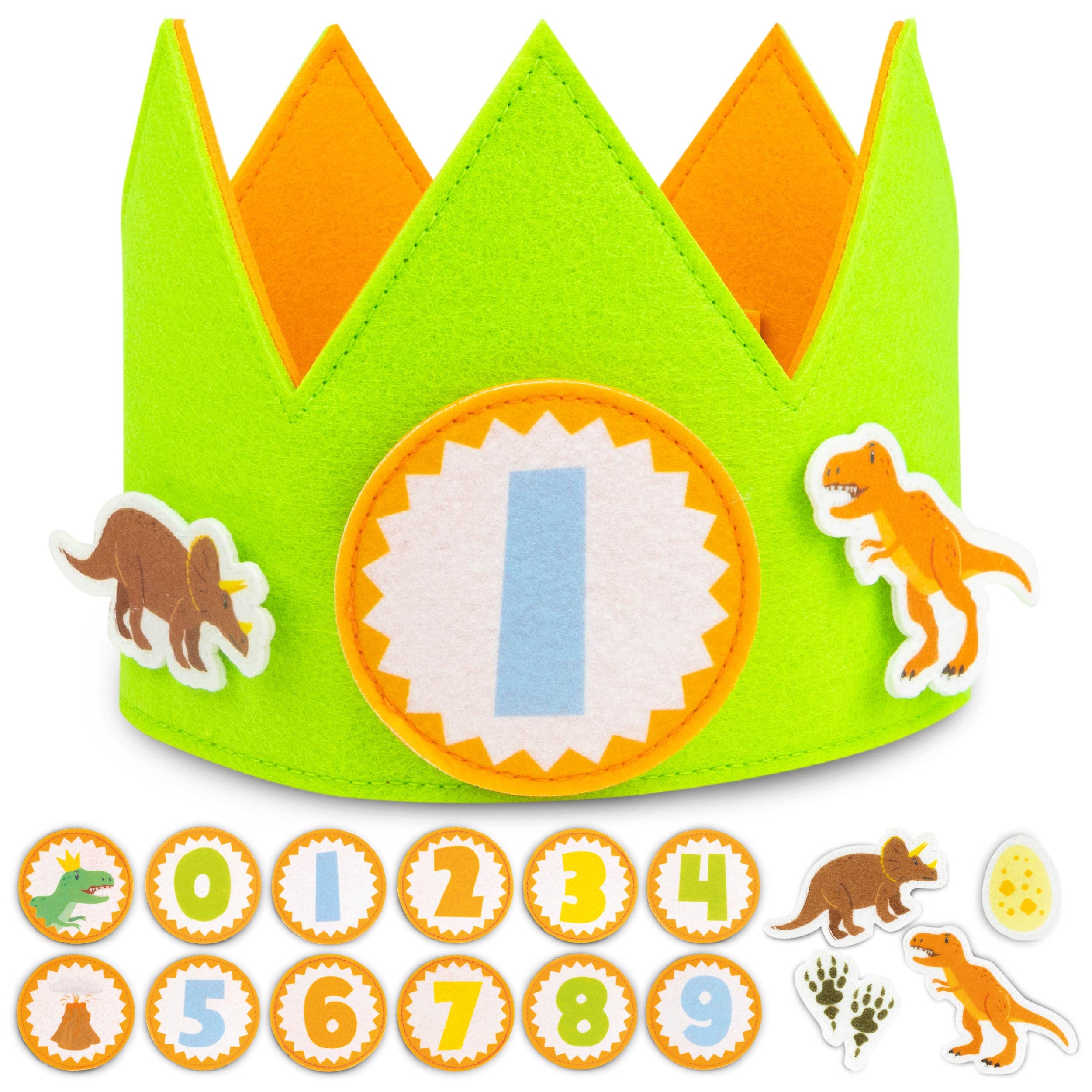 BONNYCO Dinosaur Birthday Crown with Interchangeable Numbers 0-9 and Felt Figures