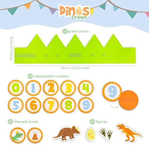BONNYCO Dinosaur Birthday Crown with Interchangeable Numbers 0-9 and Felt Figures