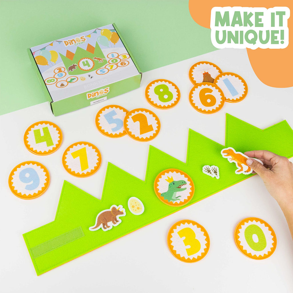 BONNYCO Dinosaur Birthday Crown with Interchangeable Numbers 0-9 and Felt Figures