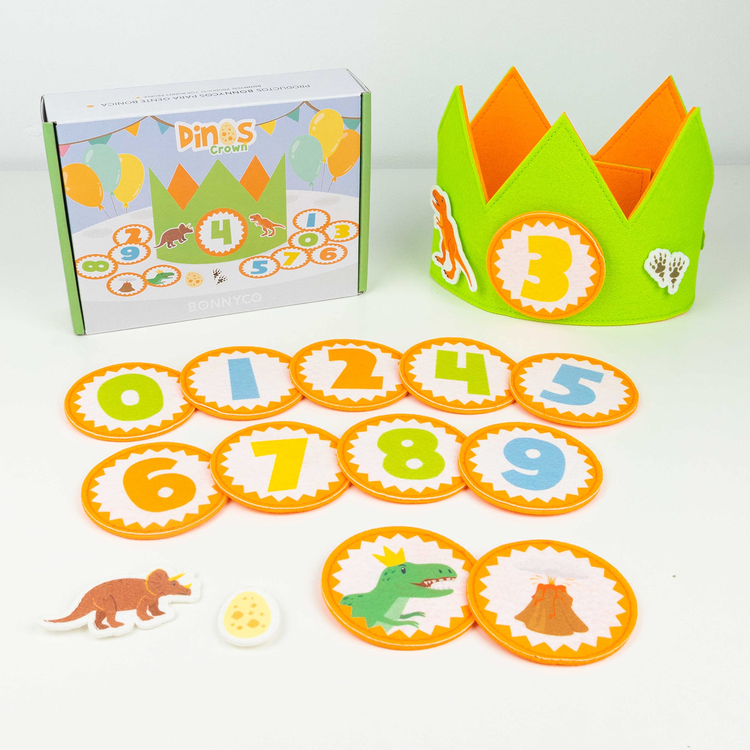 BONNYCO Dinosaur Birthday Crown with Interchangeable Numbers 0-9 and Felt Figures
