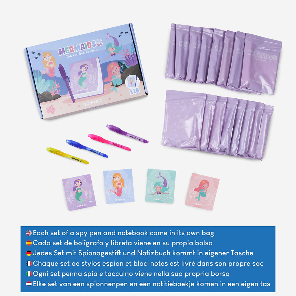 BONNYCO Invisible Ink Pen and Notebook Pack of 16 – Mermaid Spy Party Favors with UV Light