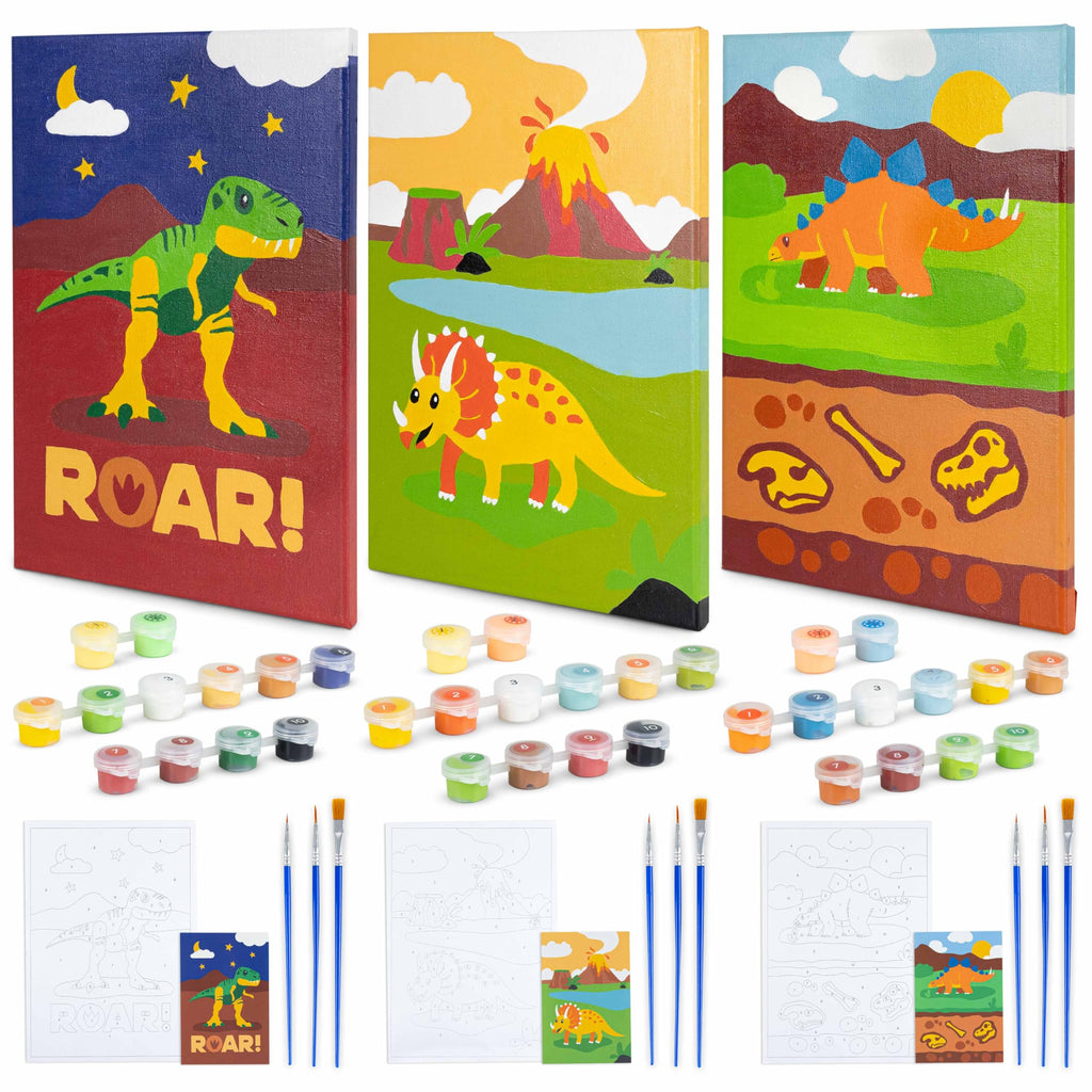 BONNYCO Paint by Numbers Kit for Kids – Dinosaurs Pack of 3 Canvases with Glow-in-the-Dark Paints