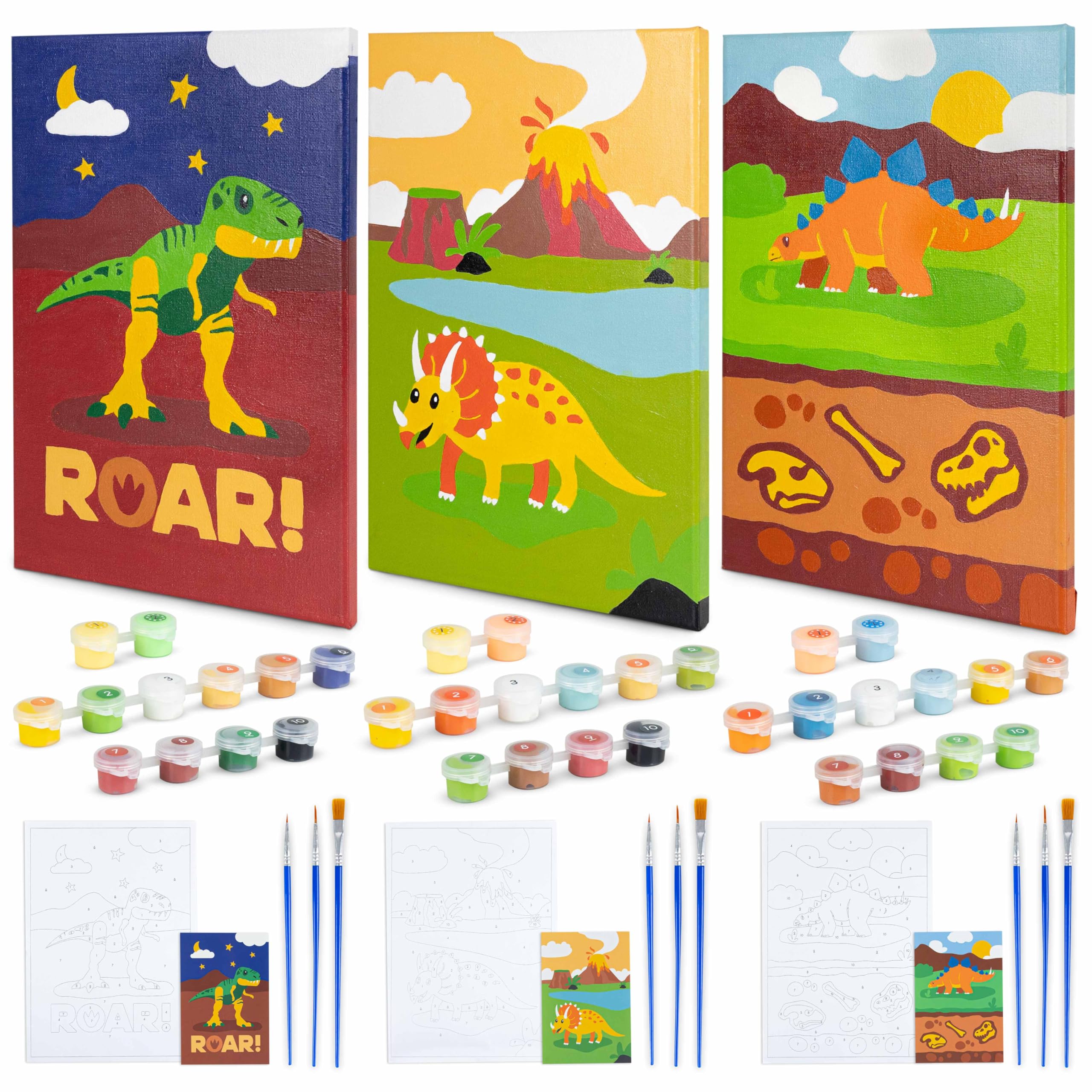 BONNYCO Paint by Numbers Kit for Kids – Dinosaurs Pack of 3 Canvases with Glow-in-the-Dark Paints