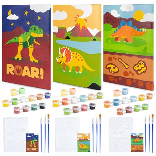 BONNYCO Paint by Numbers Kit for Kids – Dinosaurs Pack of 3 Canvases with Glow-in-the-Dark Paints