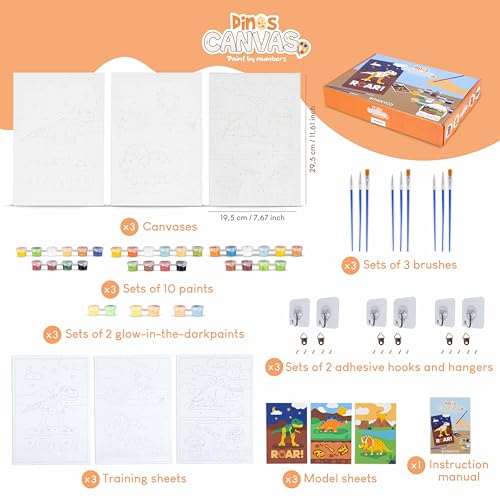 BONNYCO Paint by Numbers Kit for Kids – Dinosaurs Pack of 3 Canvases with Glow-in-the-Dark Paints