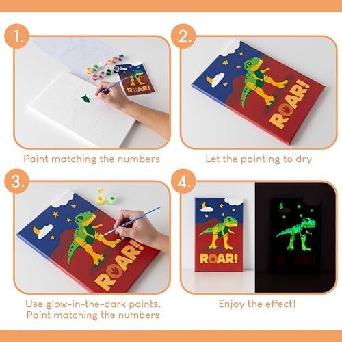 BONNYCO Paint by Numbers Kit for Kids – Dinosaurs Pack of 3 Canvases with Glow-in-the-Dark Paints