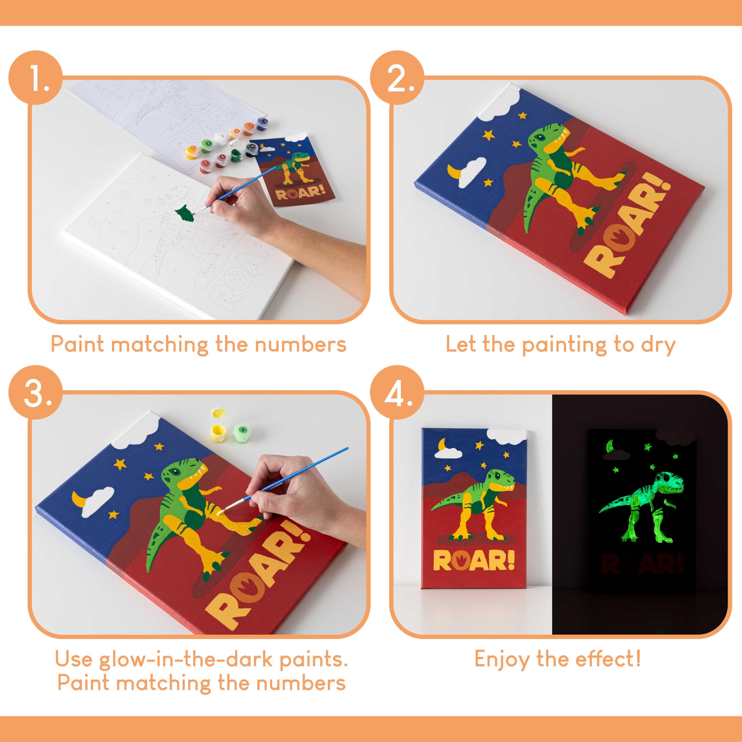 BONNYCO Paint by Numbers Kit for Kids – Dinosaurs Pack of 3 Canvases with Glow-in-the-Dark Paints