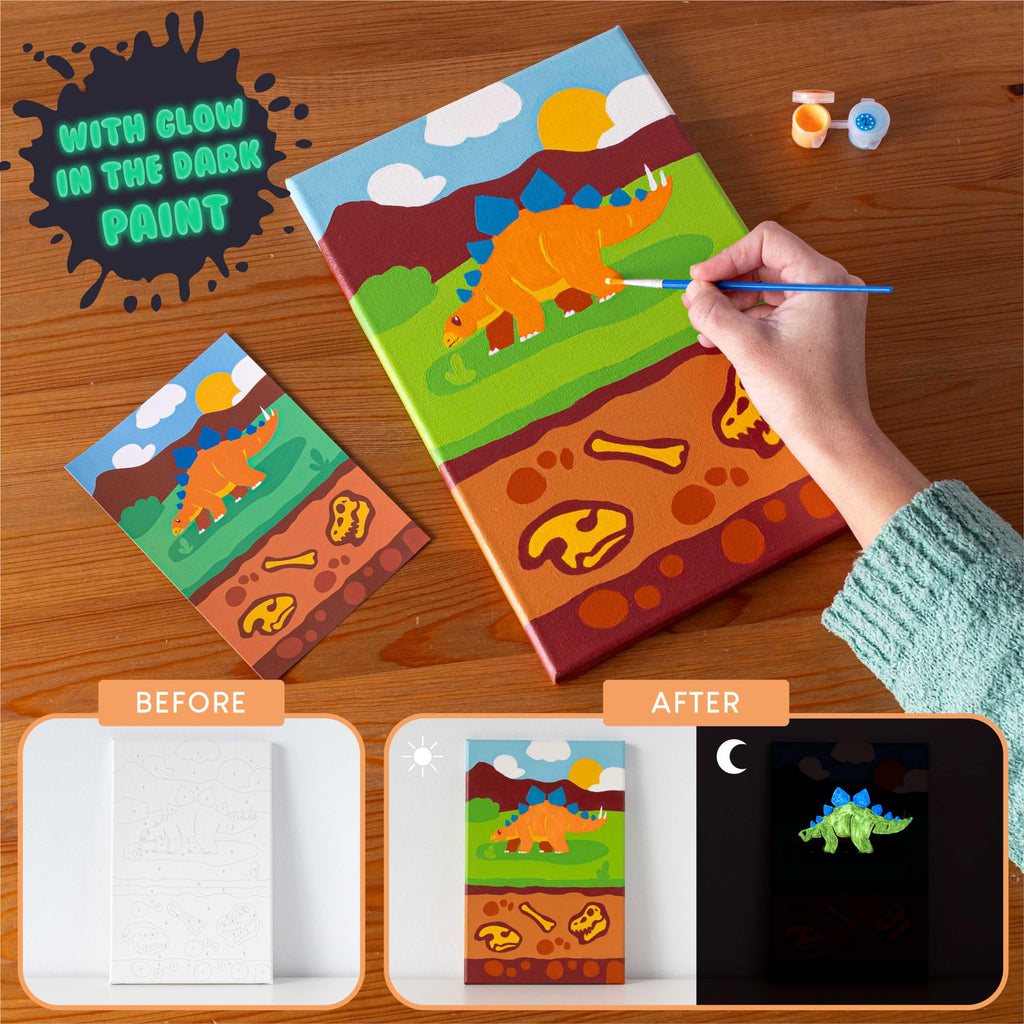 BONNYCO Paint by Numbers Kit for Kids – Dinosaurs Pack of 3 Canvases with Glow-in-the-Dark Paints