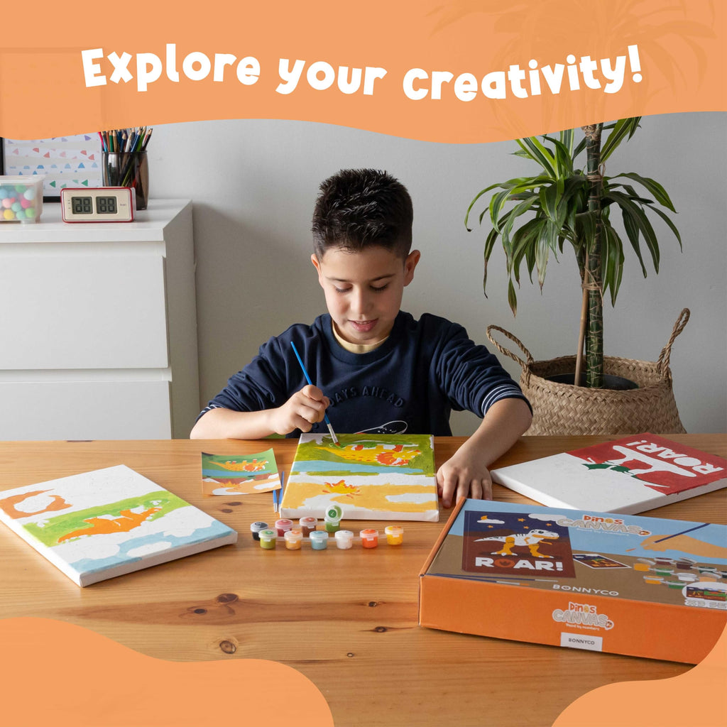 BONNYCO Paint by Numbers Kit for Kids – Dinosaurs Pack of 3 Canvases with Glow-in-the-Dark Paints