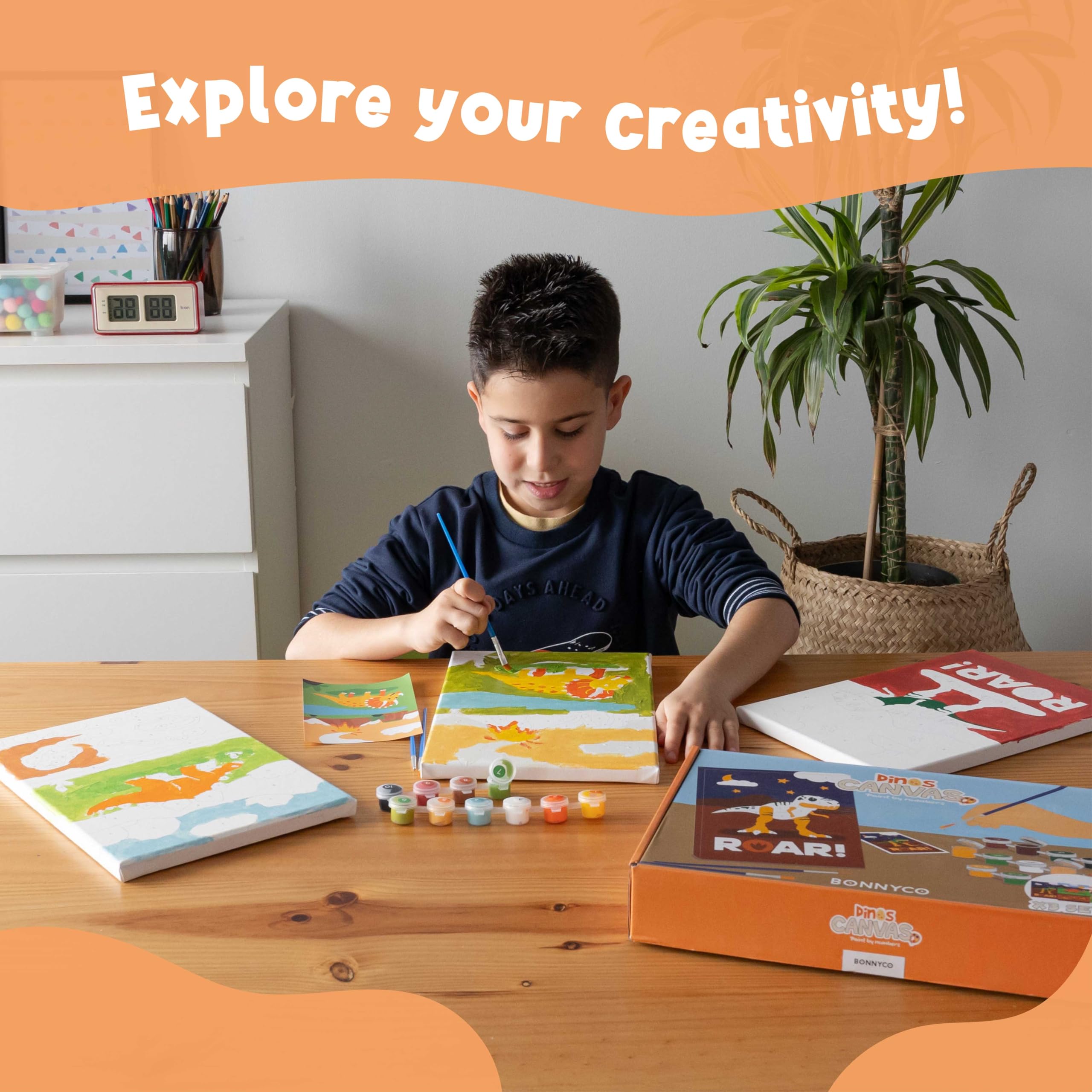 BONNYCO Paint by Numbers Kit for Kids – Dinosaurs Pack of 3 Canvases with Glow-in-the-Dark Paints
