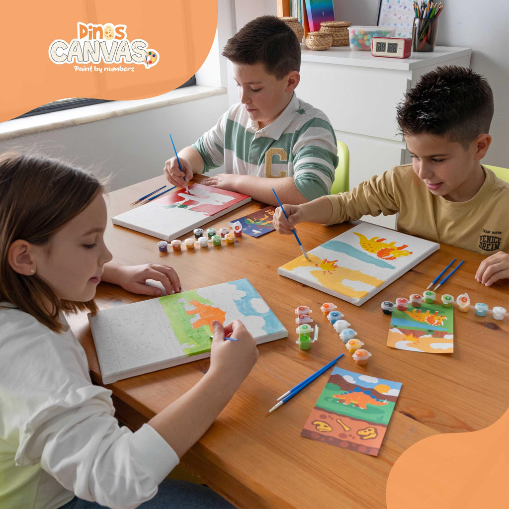 BONNYCO Paint by Numbers Kit for Kids – Dinosaurs Pack of 3 Canvases with Glow-in-the-Dark Paints