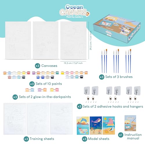 BONNYCO Paint by Numbers Kit for Kids Sea Animals – Pack of 3 Framed Canvases with Glow-in-the-Dark Paint