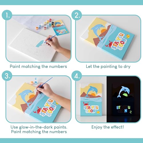 BONNYCO Paint by Numbers Kit for Kids Sea Animals – Pack of 3 Framed Canvases with Glow-in-the-Dark Paint