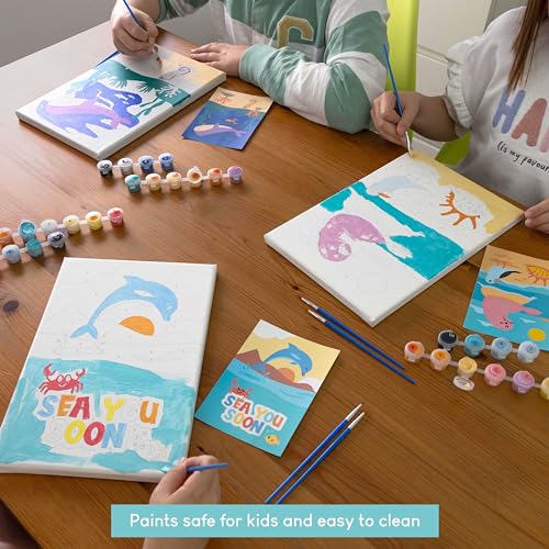 BONNYCO Paint by Numbers Kit for Kids Sea Animals – Pack of 3 Framed Canvases with Glow-in-the-Dark Paint