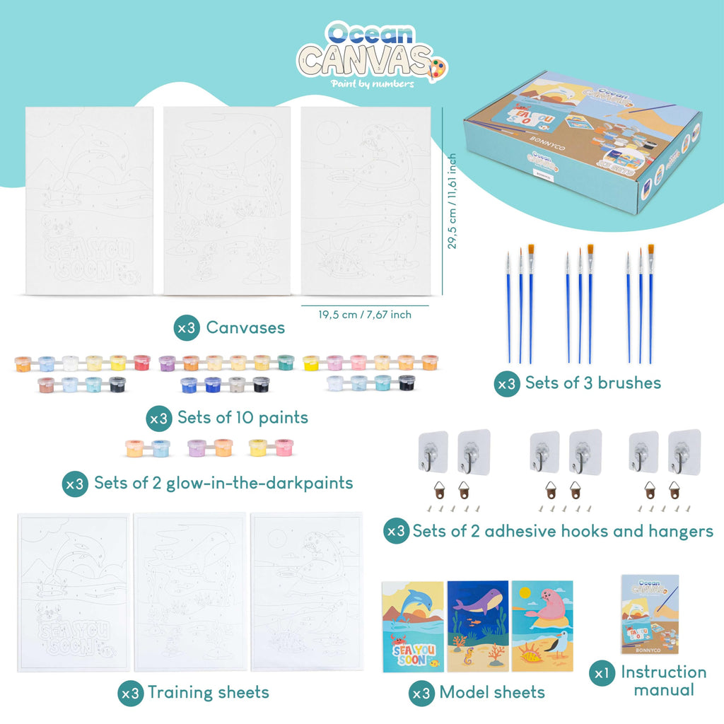 BONNYCO Paint by Numbers Kit for Kids Sea Animals – Pack of 3 Framed Canvases with Glow-in-the-Dark Paint