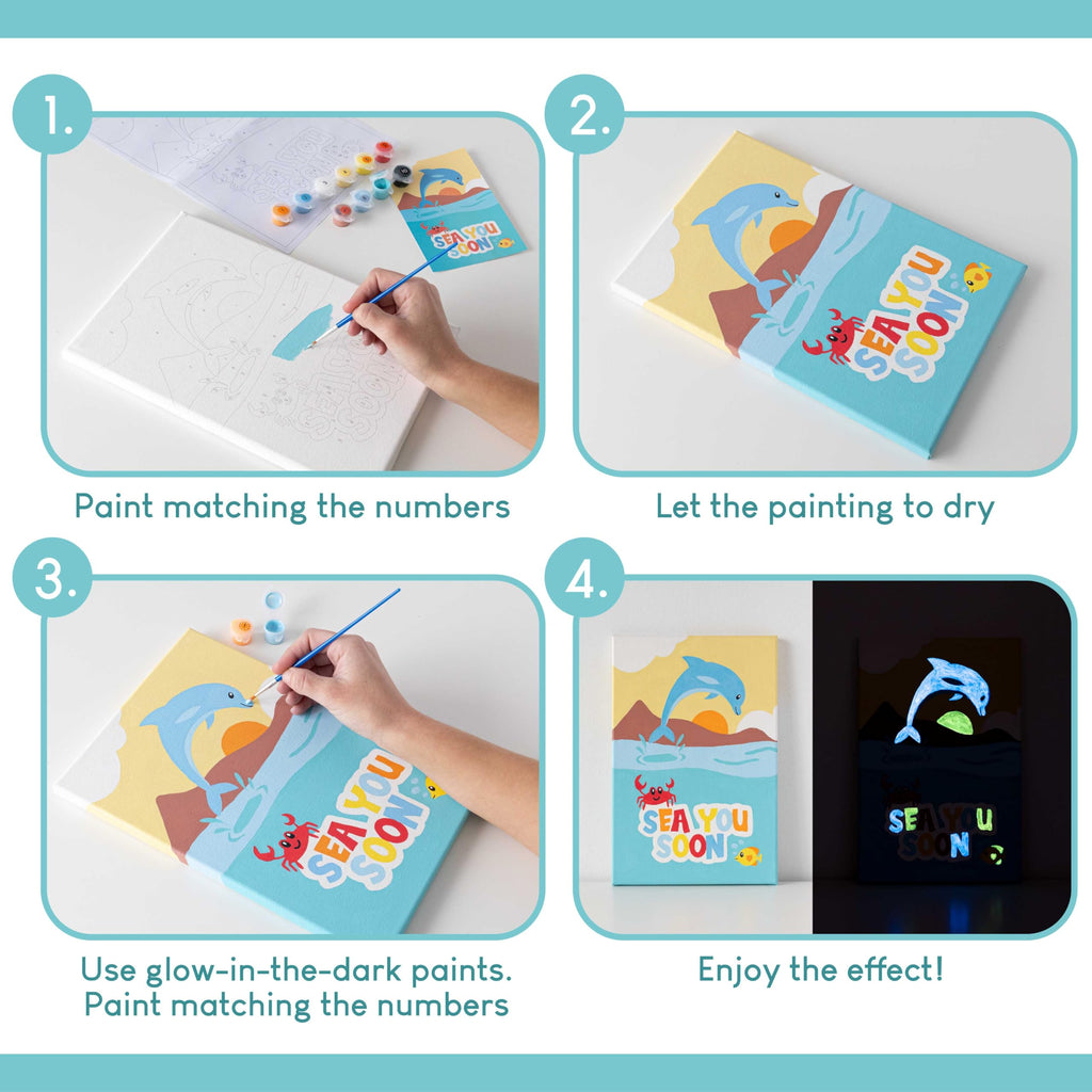BONNYCO Paint by Numbers Kit for Kids Sea Animals – Pack of 3 Framed Canvases with Glow-in-the-Dark Paint