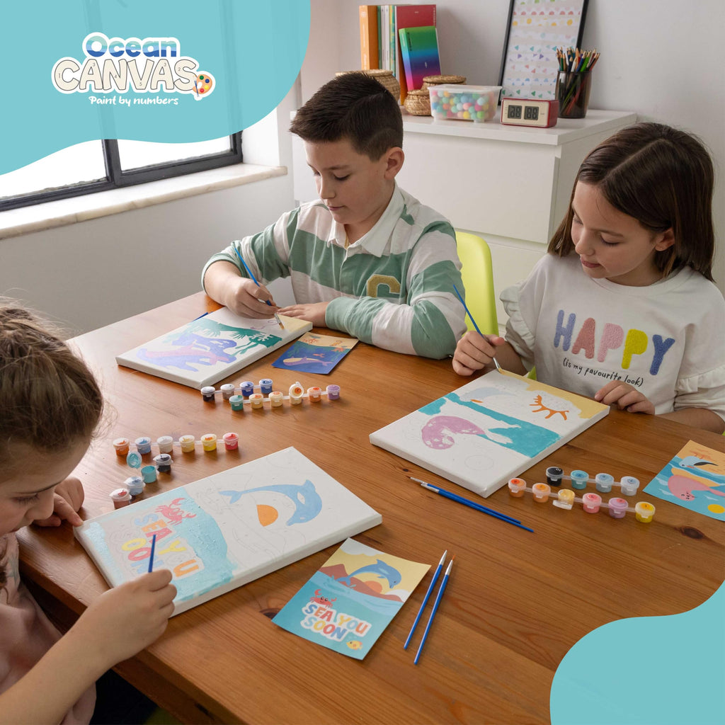 BONNYCO Paint by Numbers Kit for Kids Sea Animals – Pack of 3 Framed Canvases with Glow-in-the-Dark Paint