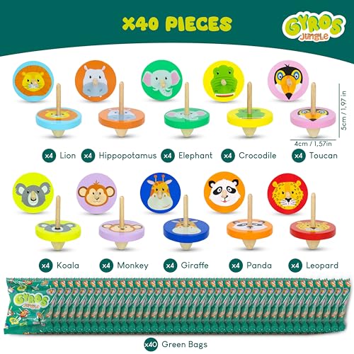 BONNYCO Wood Spinning Tops 40-Pack – Jungle Animal Party Favors for Kids 3+