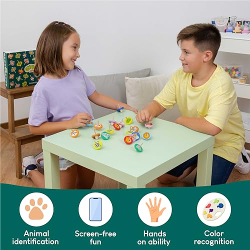 BONNYCO Wood Spinning Tops 40-Pack – Jungle Animal Party Favors for Kids 3+