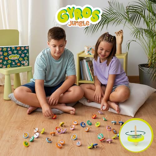 BONNYCO Wood Spinning Tops 40-Pack – Jungle Animal Party Favors for Kids 3+