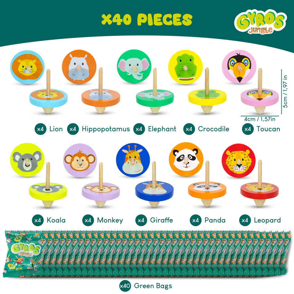 BONNYCO Wood Spinning Tops 40-Pack – Jungle Animal Party Favors for Kids 3+