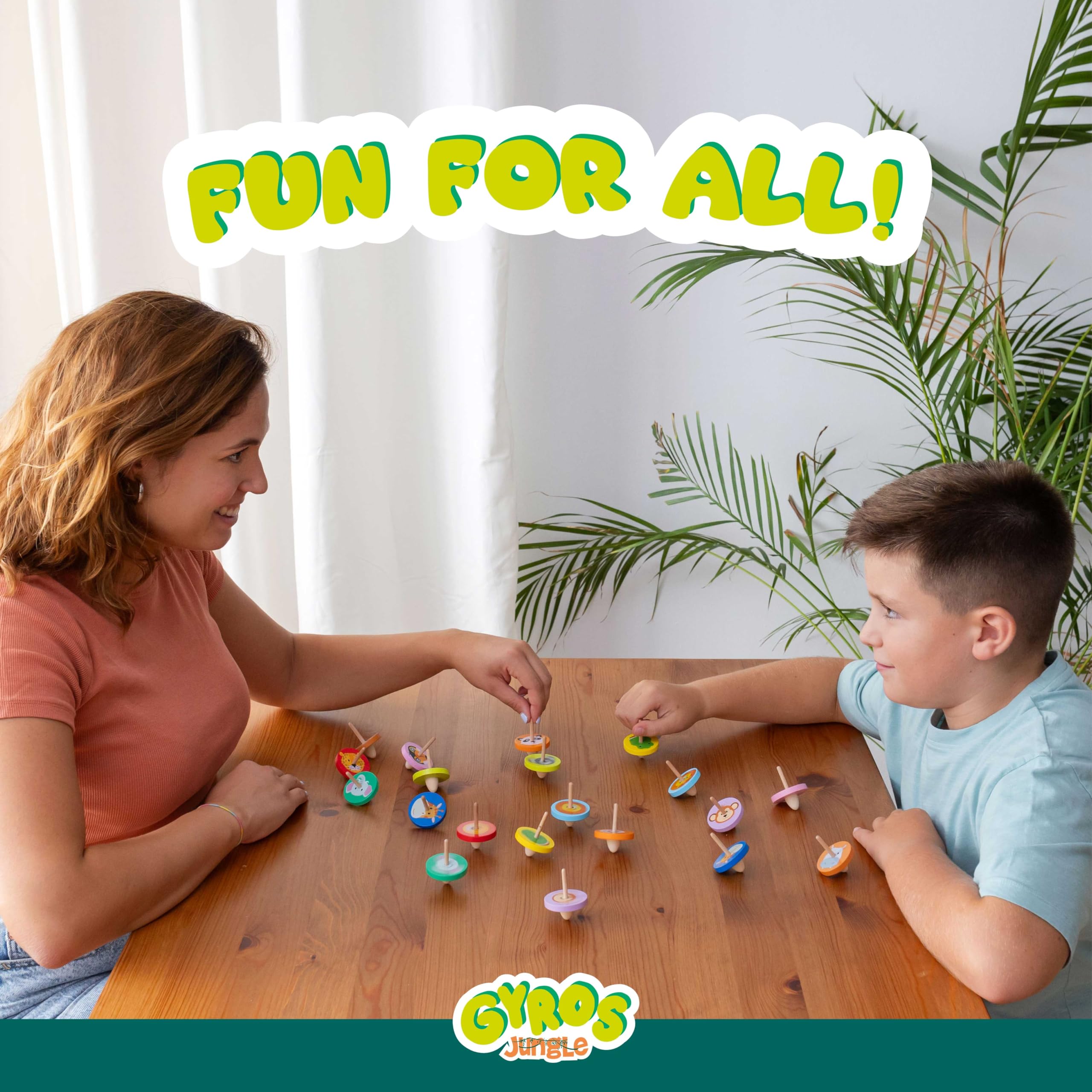 BONNYCO Wood Spinning Tops 40-Pack – Jungle Animal Party Favors for Kids 3+