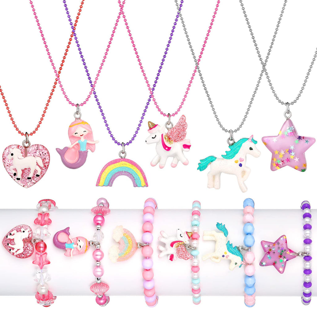 Bonuci 12-Piece Unicorn Mermaid Rainbow Necklace & Bracelet Set for Girls | Dress-Up Jewelry