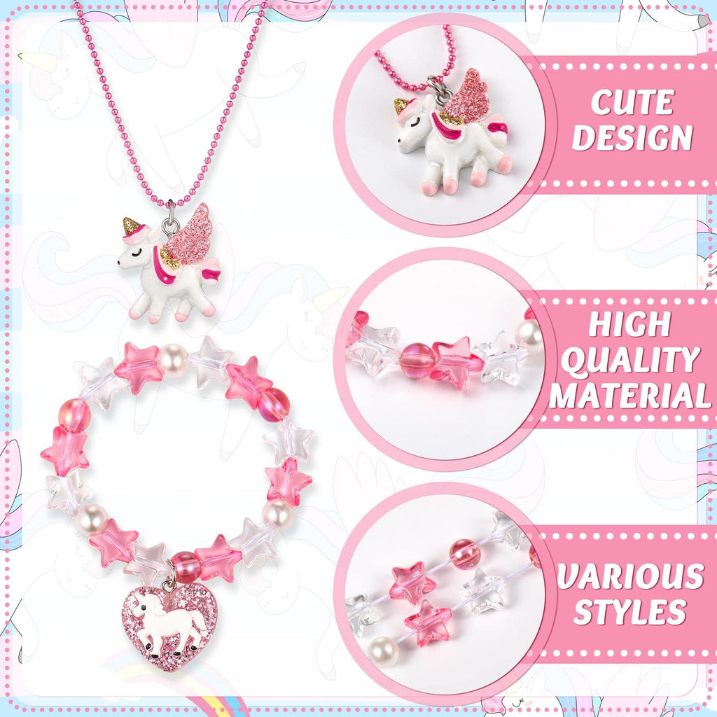 Bonuci 12-Piece Unicorn Mermaid Rainbow Necklace & Bracelet Set for Girls | Dress-Up Jewelry