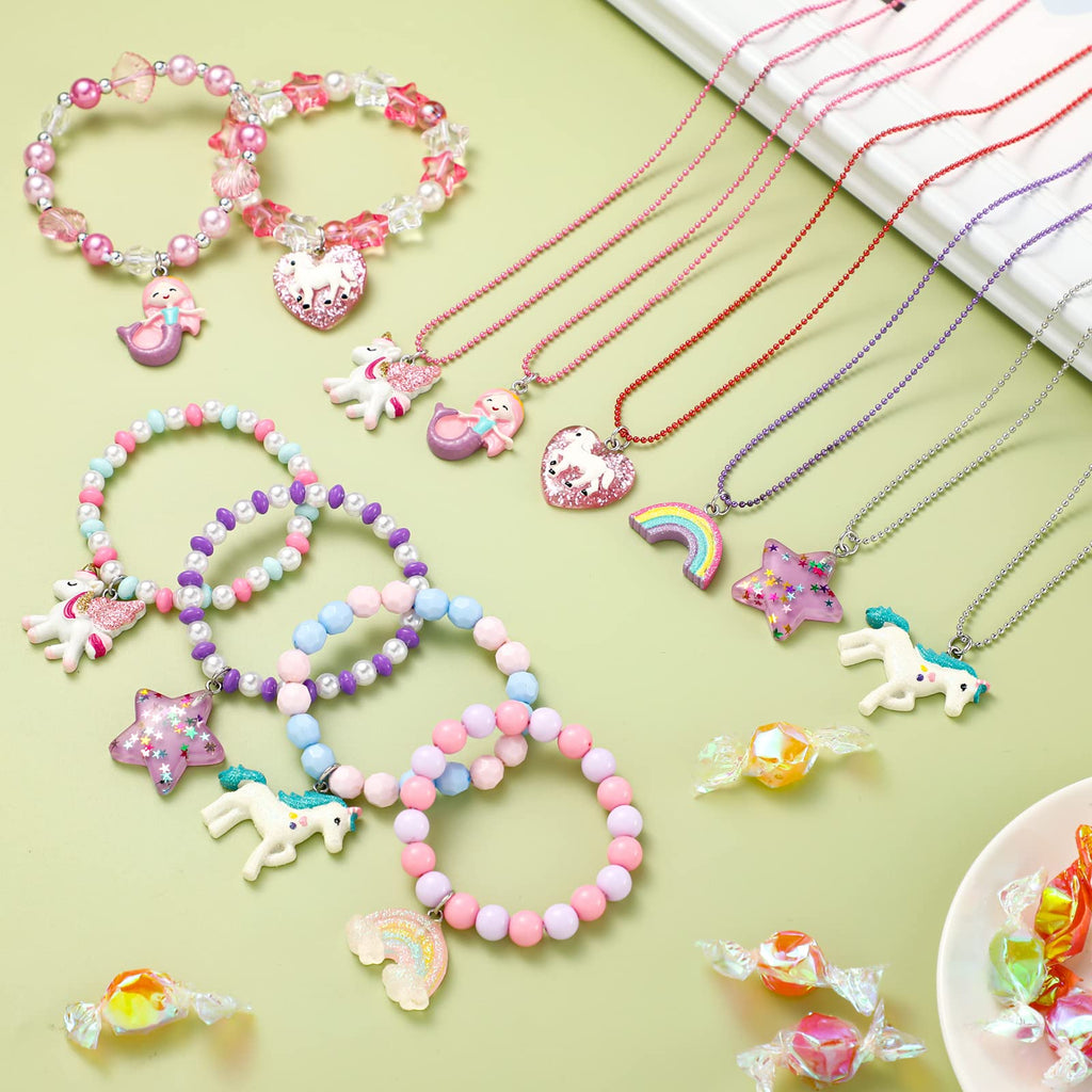 Bonuci 12-Piece Unicorn Mermaid Rainbow Necklace & Bracelet Set for Girls | Dress-Up Jewelry