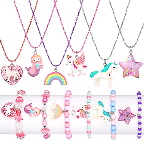 Bonuci 12-Piece Unicorn Mermaid Rainbow Necklace & Bracelet Set for Girls | Dress-Up Jewelry