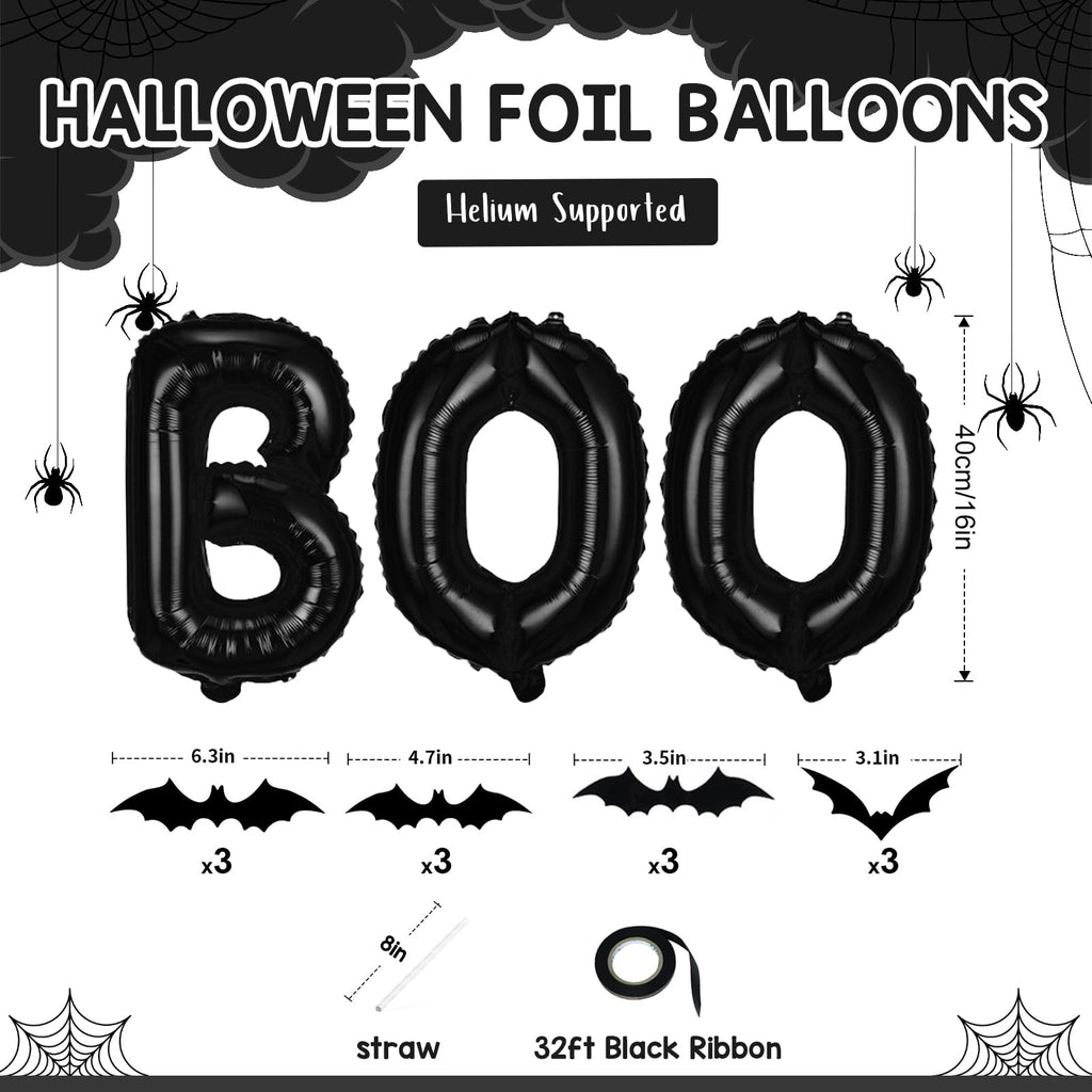BOO Foil Balloons Set with 3D Bats - 16 Inch Halloween Banner Kit for Spooky Party Decor