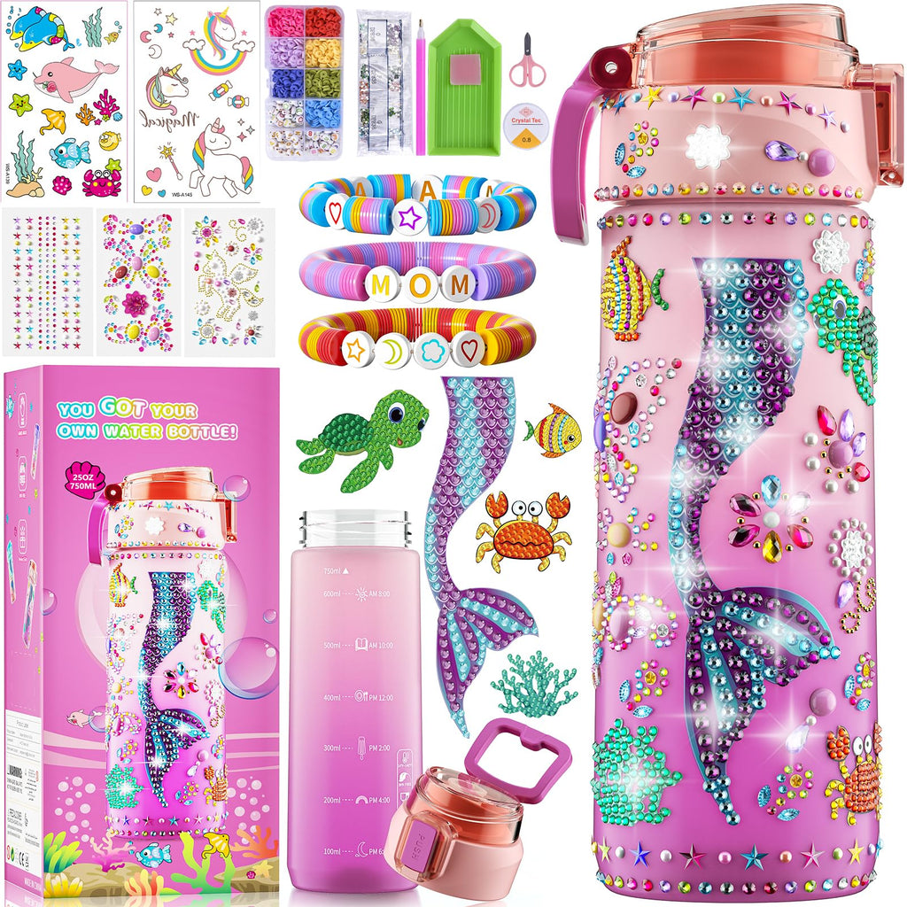 BOOH DIY Mermaid Water Bottle Kit for Girls – Craft Kit with Bracelet Making, Diamond Stickers, and Leakproof Water Bottle Ages 4-12