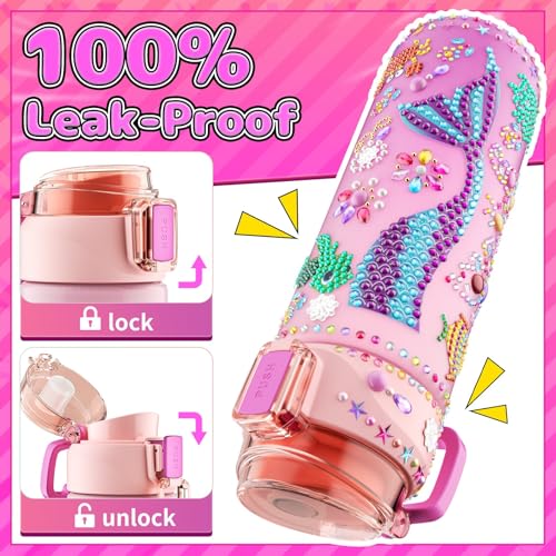 BOOH DIY Mermaid Water Bottle Kit for Girls – Craft Kit with Bracelet Making, Diamond Stickers, and Leakproof Water Bottle Ages 4-12