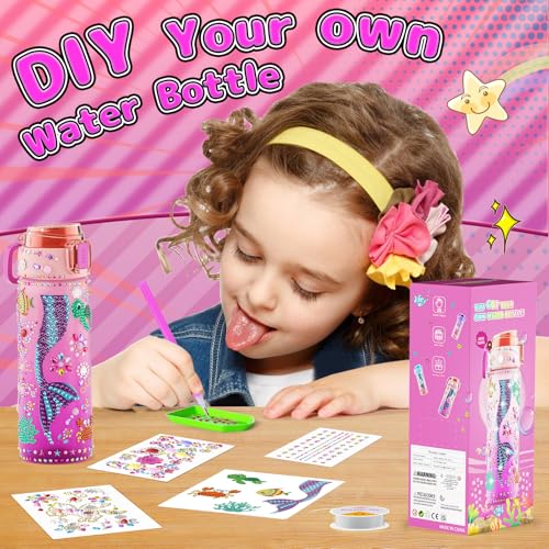 BOOH DIY Mermaid Water Bottle Kit for Girls – Craft Kit with Bracelet Making, Diamond Stickers, and Leakproof Water Bottle Ages 4-12