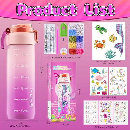 BOOH DIY Mermaid Water Bottle Kit for Girls – Craft Kit with Bracelet Making, Diamond Stickers, and Leakproof Water Bottle Ages 4-12