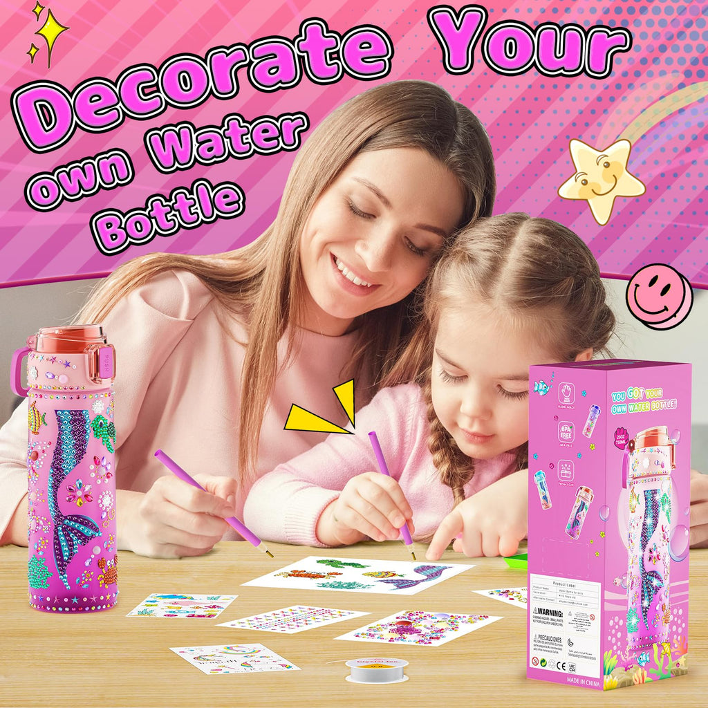BOOH DIY Mermaid Water Bottle Kit for Girls – Craft Kit with Bracelet Making, Diamond Stickers, and Leakproof Water Bottle Ages 4-12