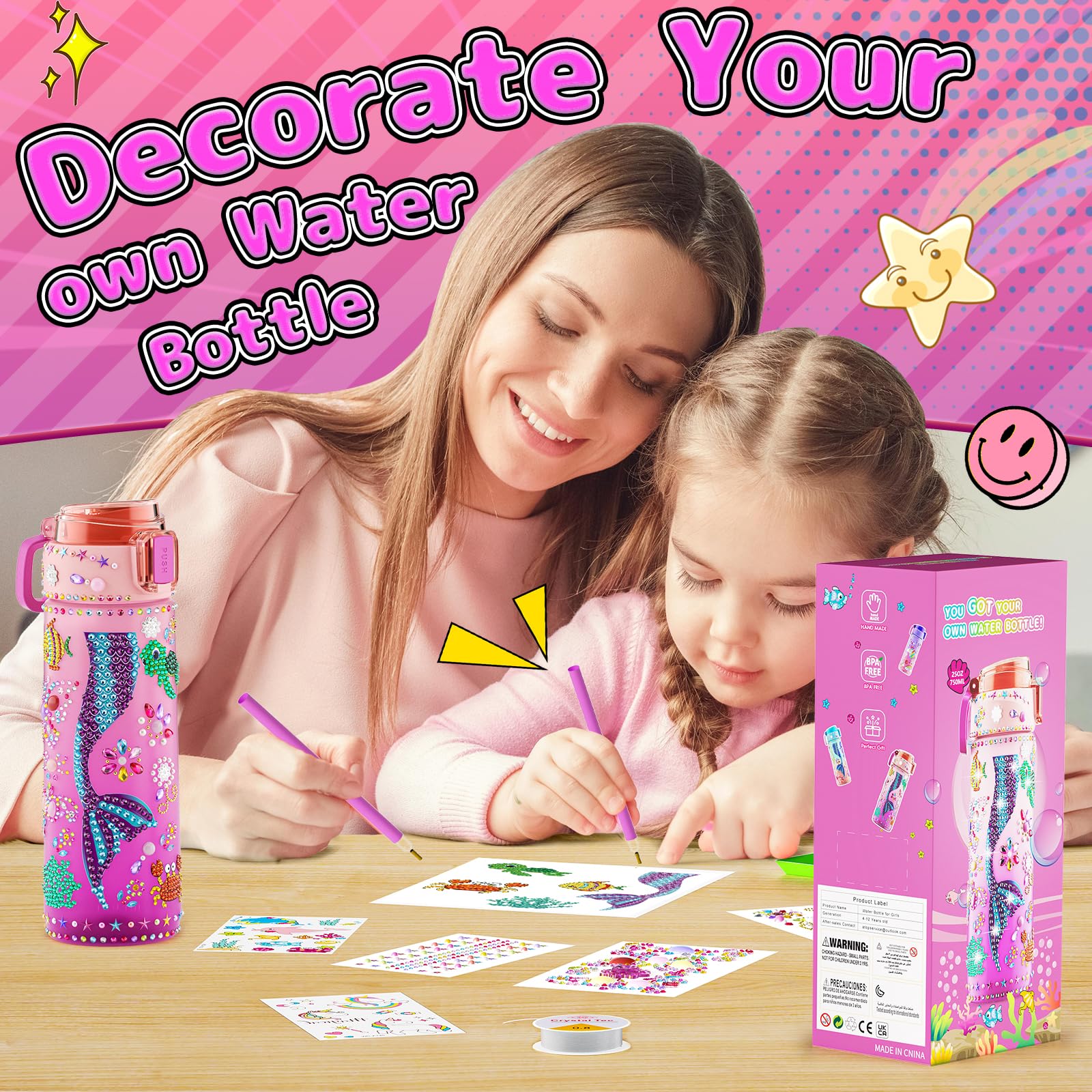 BOOH DIY Mermaid Water Bottle Kit for Girls – Craft Kit with Bracelet Making, Diamond Stickers, and Leakproof Water Bottle Ages 4-12