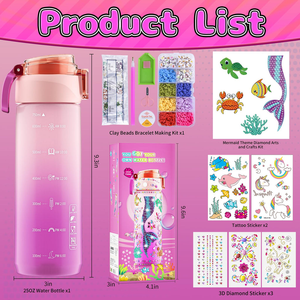 BOOH DIY Mermaid Water Bottle Kit for Girls – Craft Kit with Bracelet Making, Diamond Stickers, and Leakproof Water Bottle Ages 4-12