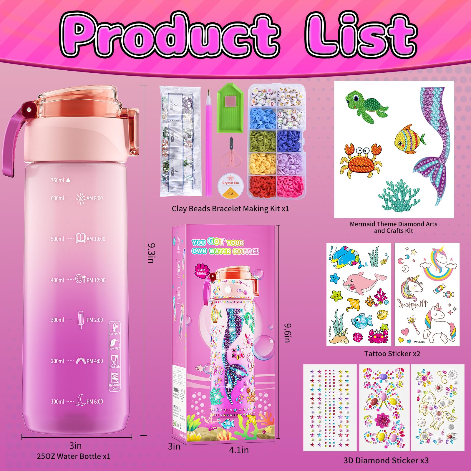 BOOH DIY Mermaid Water Bottle Kit for Girls – Craft Kit with Bracelet Making, Diamond Stickers, and Leakproof Water Bottle Ages 4-12