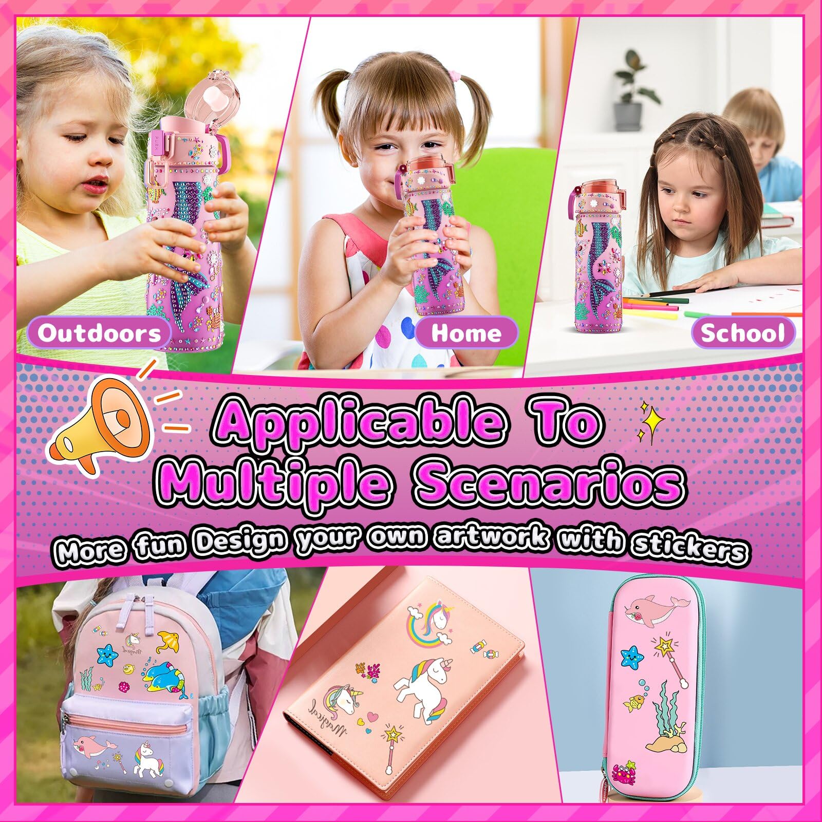 BOOH DIY Mermaid Water Bottle Kit for Girls – Craft Kit with Bracelet Making, Diamond Stickers, and Leakproof Water Bottle Ages 4-12