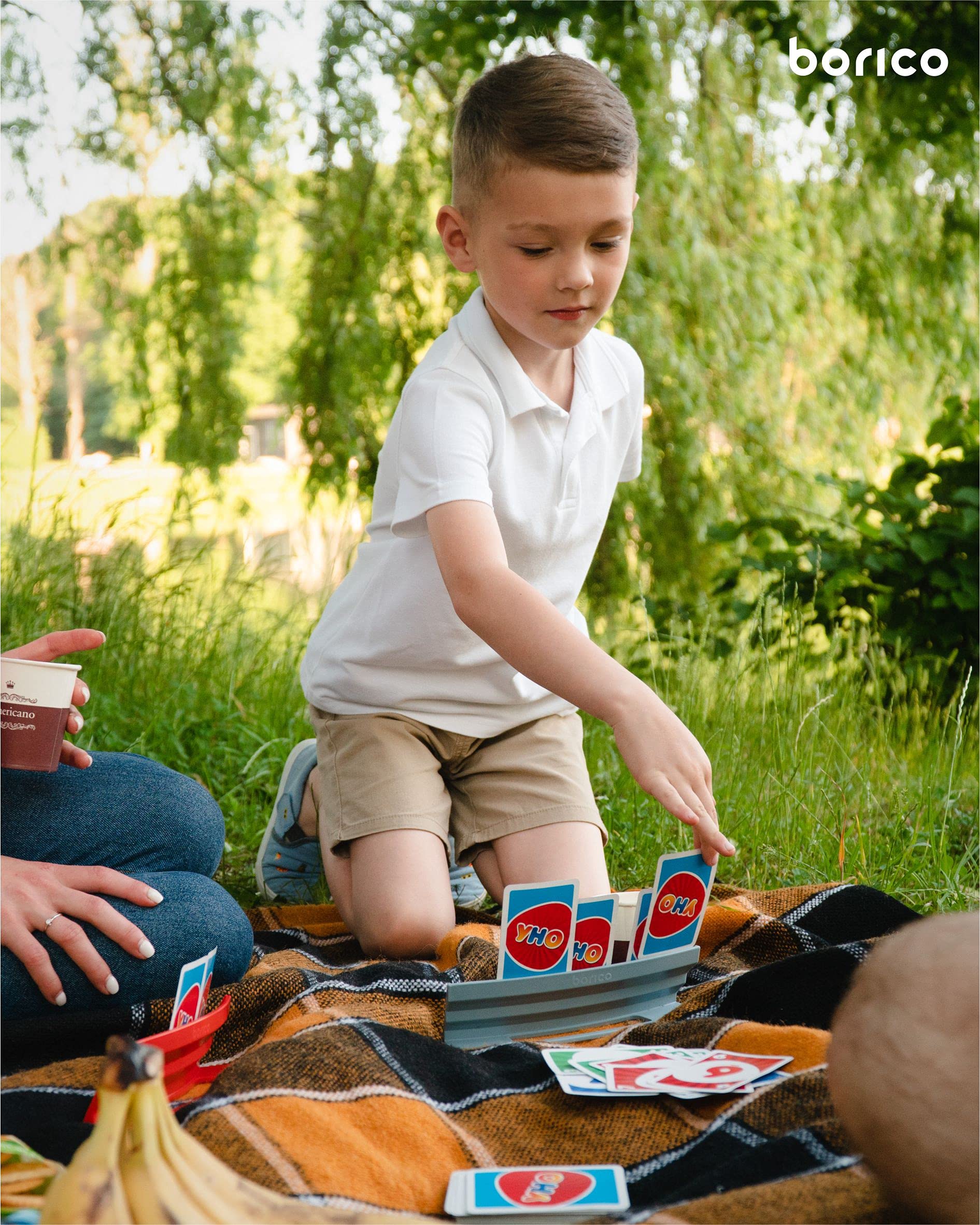 BORICO 2-Pack Blue Card Holders for Playing Cards – Slanted Design, Holds 35 Cards, Stackable with Travel Pouch