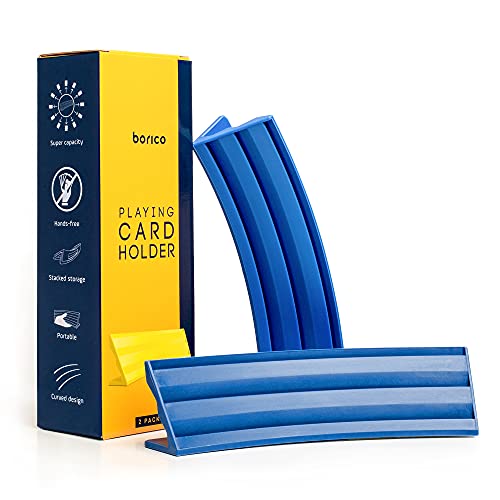 BORICO 2-Pack Blue Card Holders for Playing Cards – Slanted Design, Holds 35 Cards, Stackable with Travel Pouch