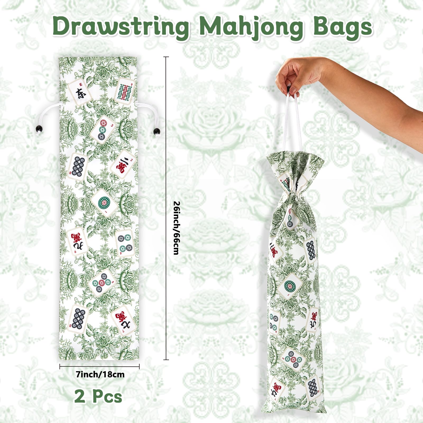 Bornerwhite 2-Pack Green Drawstring Mahjong Bags - 26 Inch Protective Sleeve for Racks and Tiles