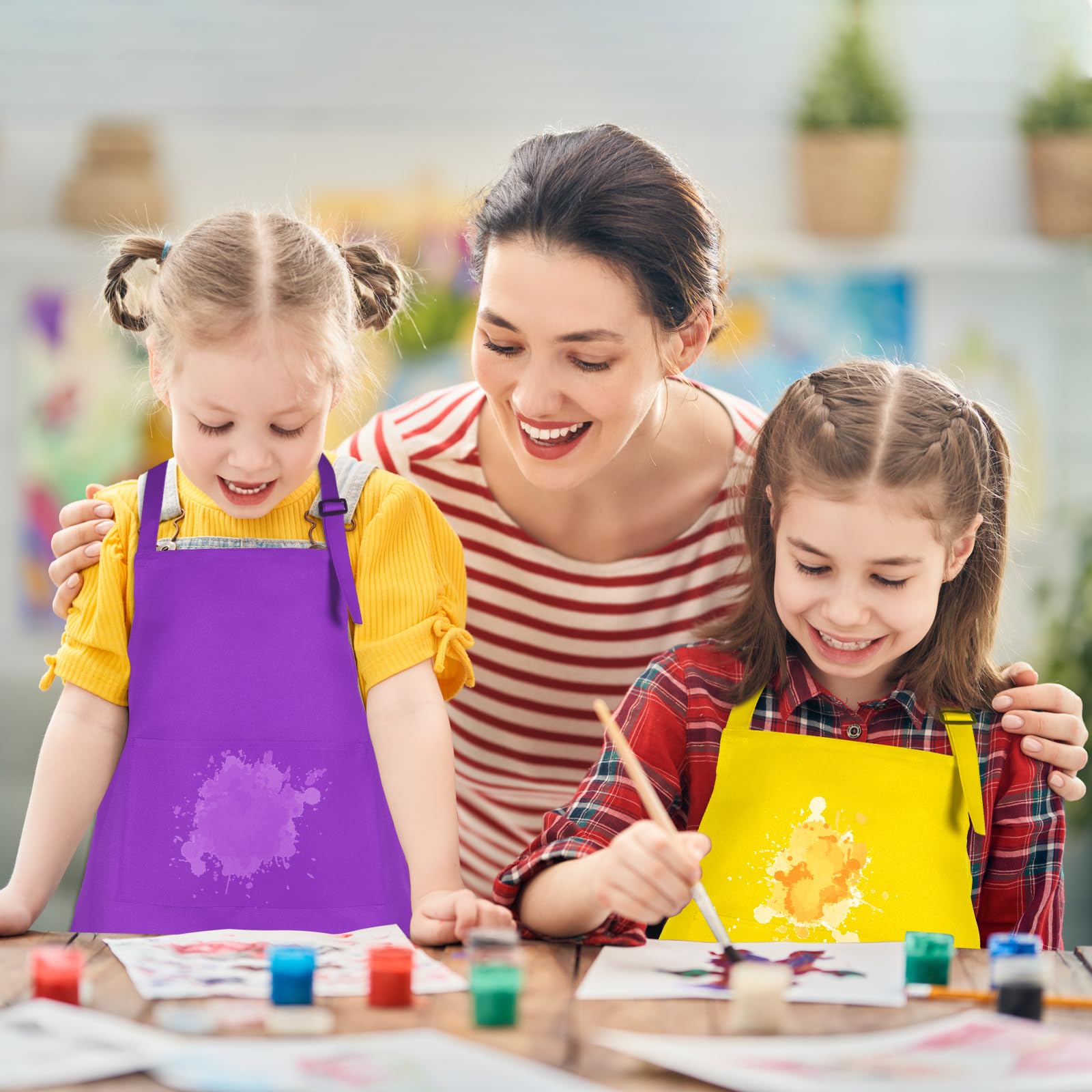 BOUBONI 6 Pack Kids Aprons - Adjustable Chef Aprons with Pockets for Painting, Cooking, Baking, Crafting (6 Colors)