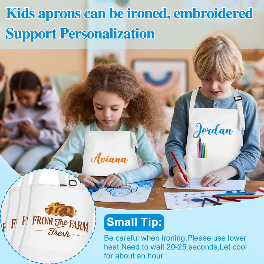 BOUBONI 6 Pack Kids Aprons with Pockets – Adjustable Chef Art Aprons for Painting, Cooking, Baking (White)